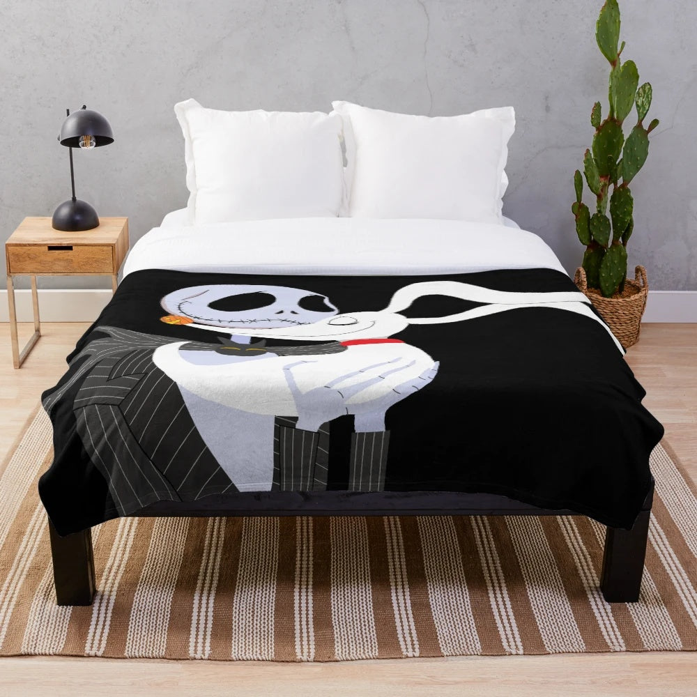 A cozy plush blanket featuring the character Jack Skellington from the movie The Nightmare Before Christmas