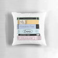 Jane Austen-inspired book stack design printed on a soft, colorful pillow