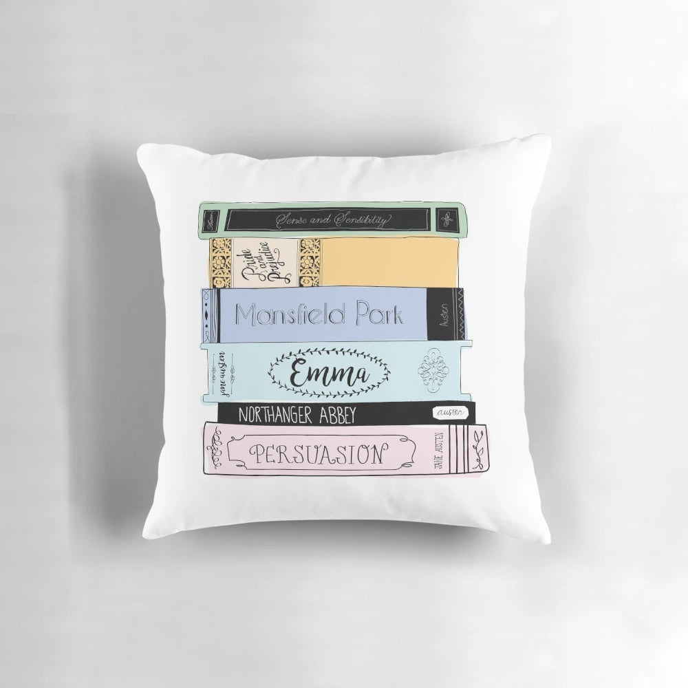 Jane Austen-inspired book stack design printed on a soft, colorful pillow