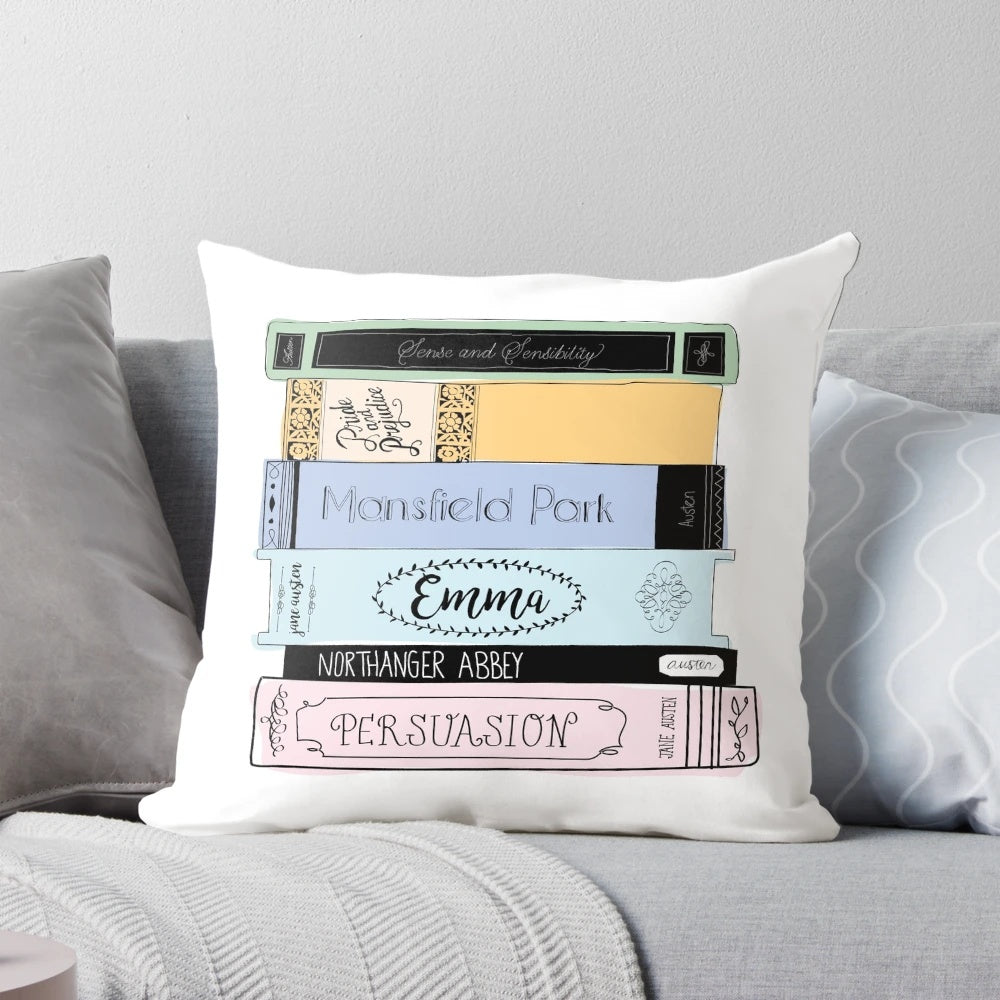 Jane Austen-inspired book stack design printed on a soft, colorful pillow