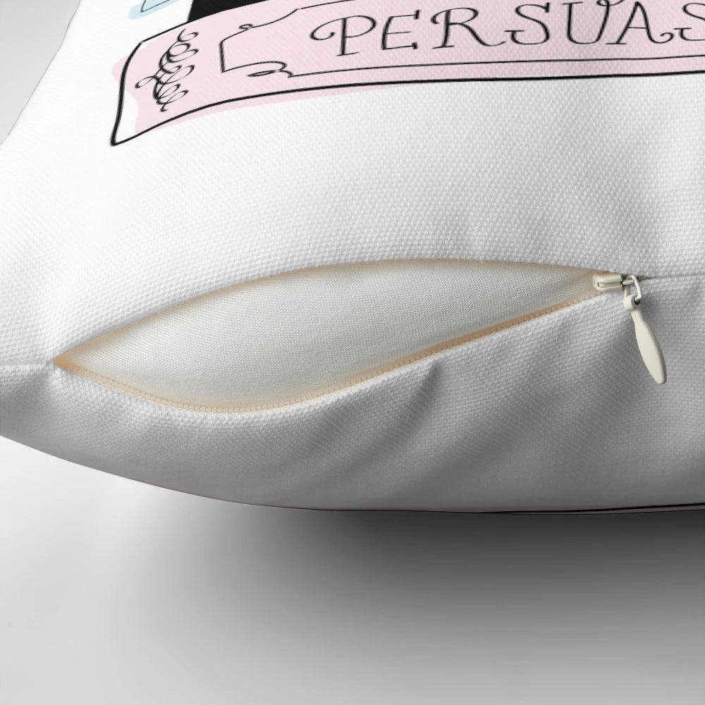 Jane Austen-inspired book stack design printed on a soft, colorful pillow