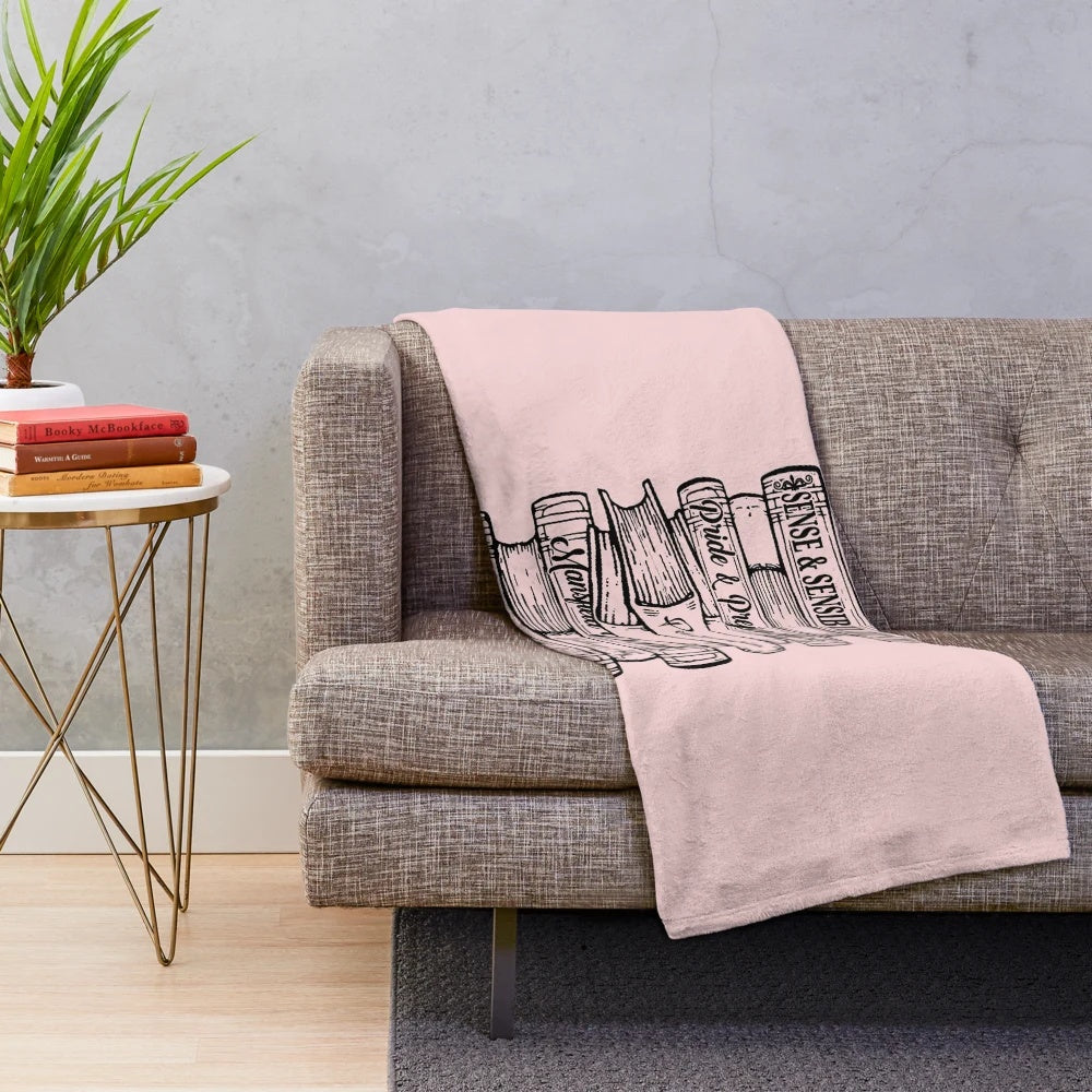 Soft plush blanket featuring literary quotes and characters from Jane Austen's classic novels