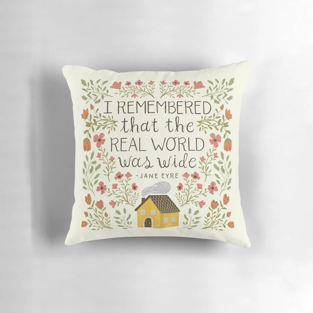Decorative throw pillow featuring a quote from the classic novel "Jane Eyre" by Charlotte Bronte.