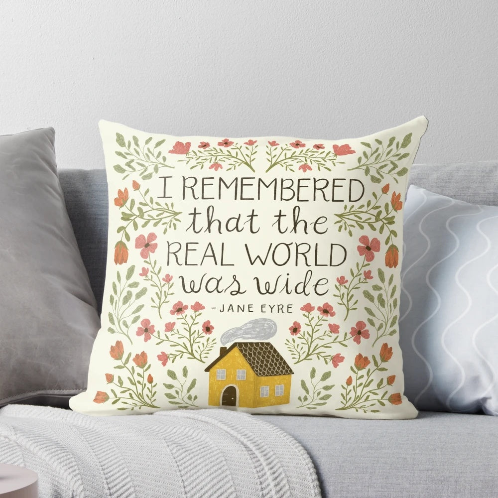 Decorative throw pillow featuring a quote from the classic novel "Jane Eyre" by Charlotte Bronte.