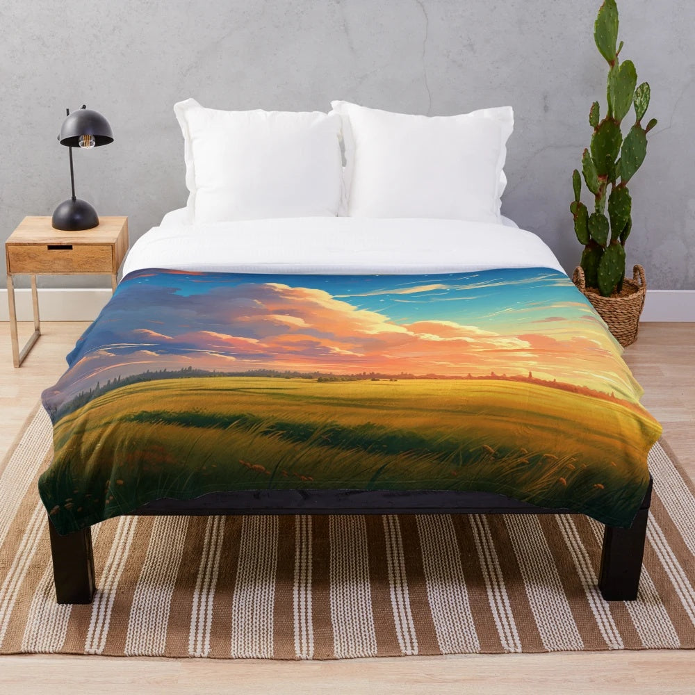 Japan anime inspired plush blanket with cloud and grassland landscape