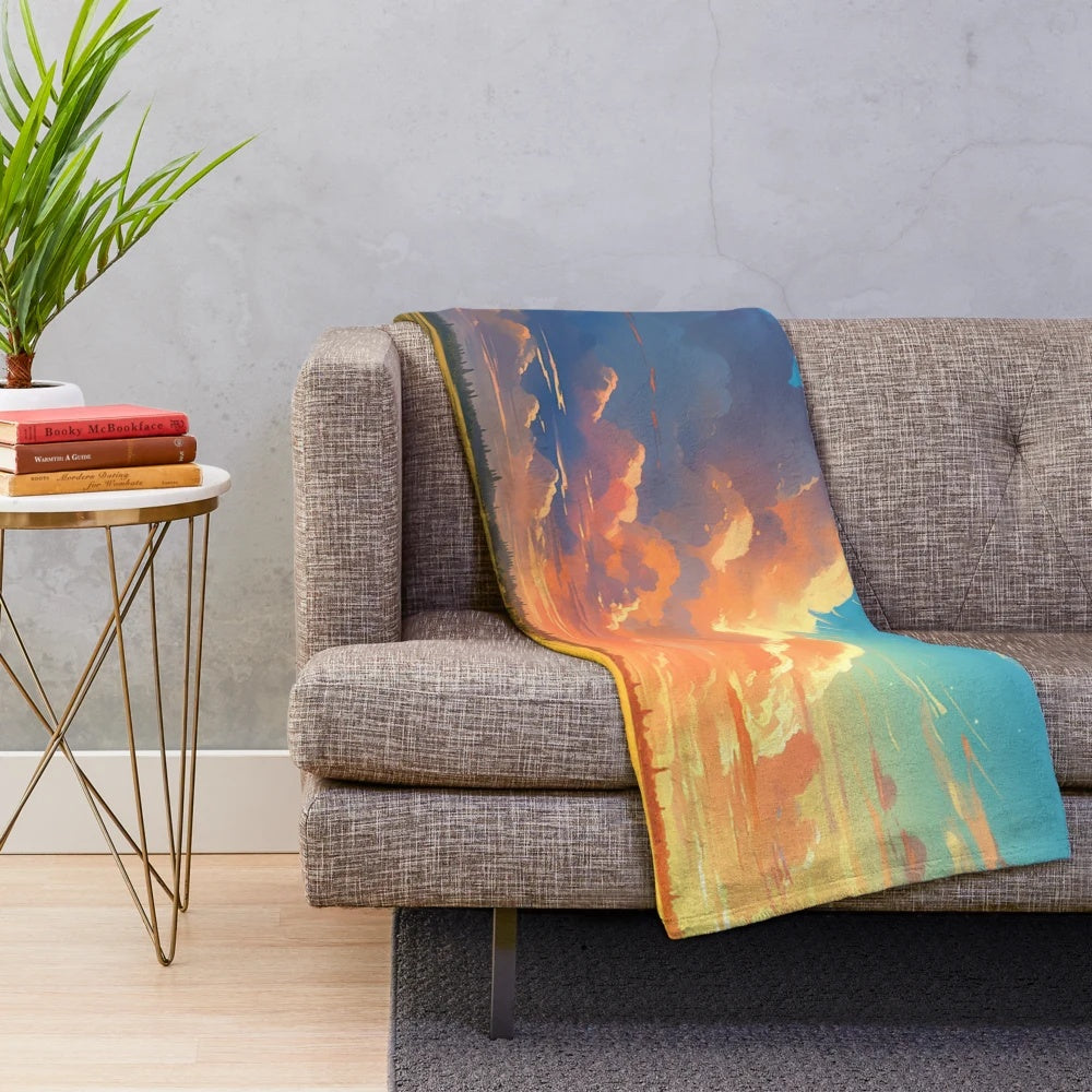Japan anime inspired plush blanket with cloud and grassland landscape
