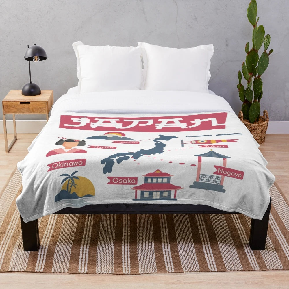 Plush blanket featuring a detailed map of Japan, showcasing popular cities and landmarks