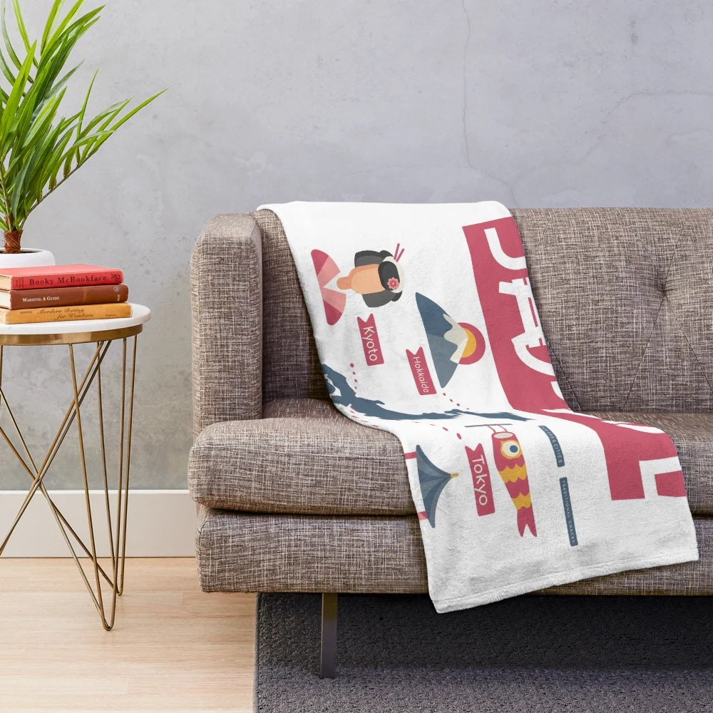 Plush blanket featuring a detailed map of Japan, showcasing popular cities and landmarks