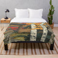 Japanese-inspired autumn plush blanket with Mount Fuji and Japanese art elements