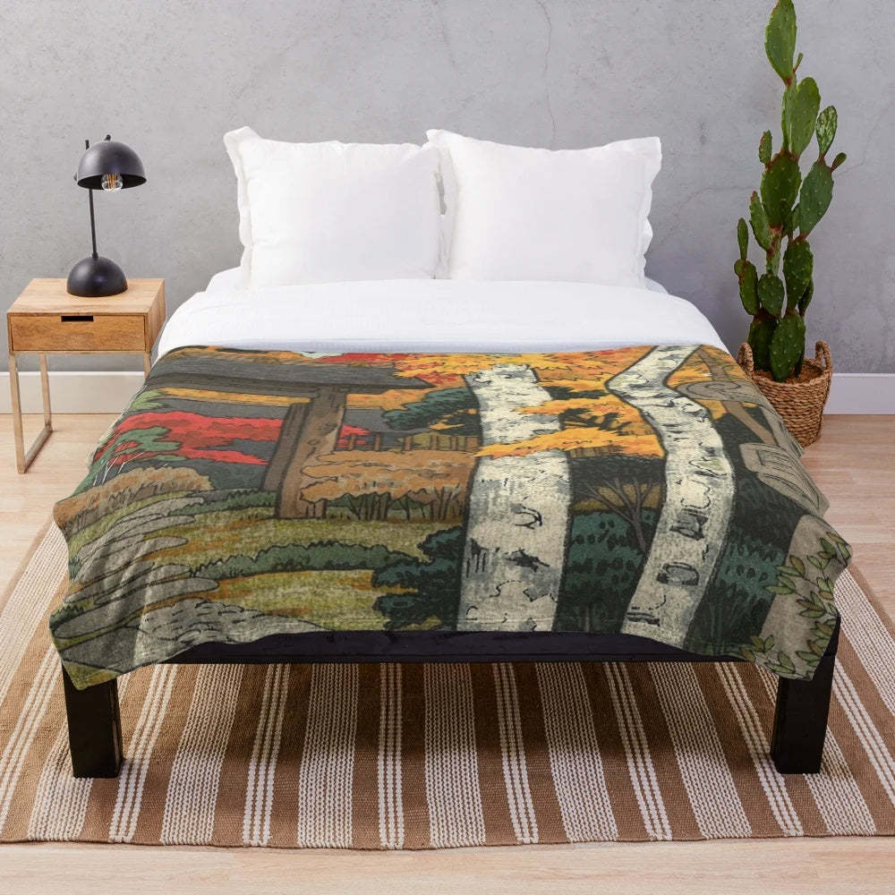 Japanese-inspired autumn plush blanket with Mount Fuji and Japanese art elements