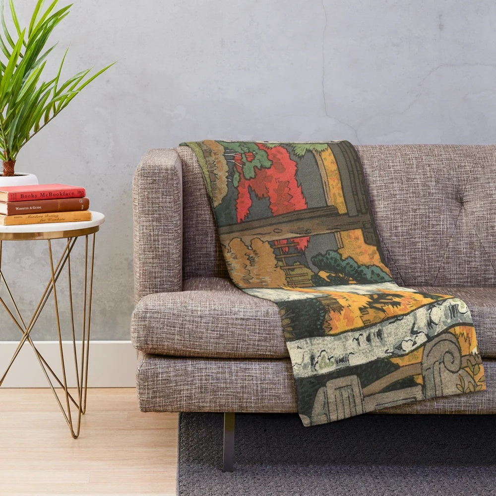 Japanese-inspired autumn plush blanket with Mount Fuji and Japanese art elements