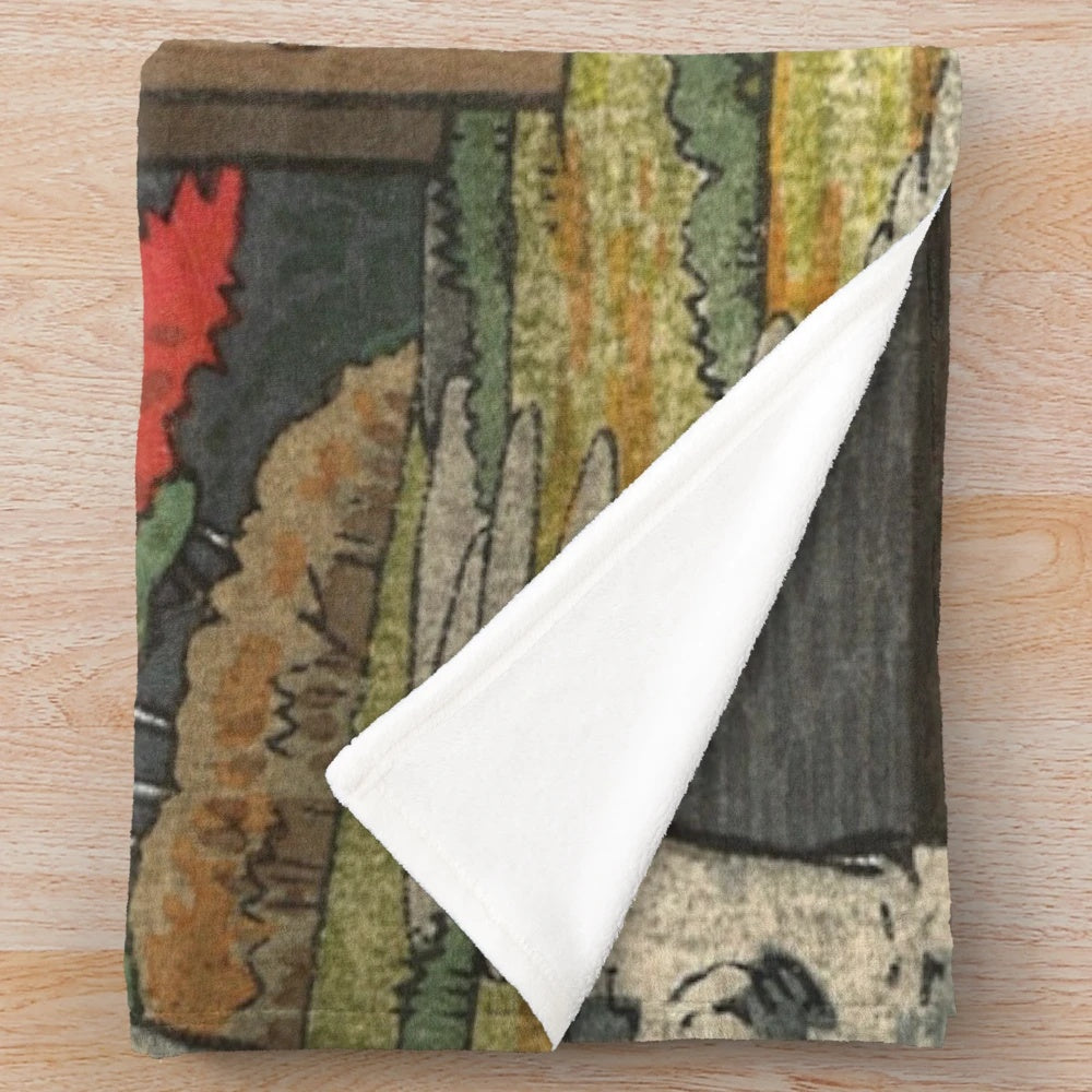 Japanese-inspired autumn plush blanket with Mount Fuji and Japanese art elements