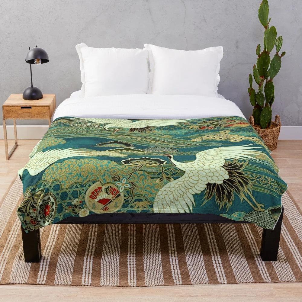 Teal blue plush blanket with Japanese crane bird and landscape design