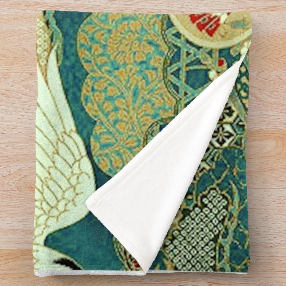 Teal blue plush blanket with Japanese crane bird and landscape design