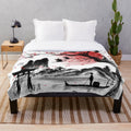 Plush blanket featuring a Japanese landscape with a red sun and sakura blossoms