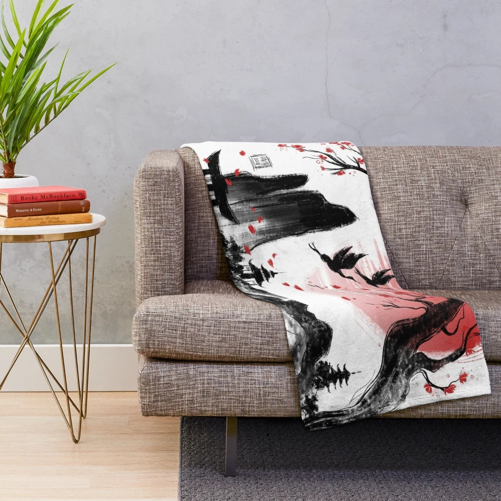 Plush blanket featuring a Japanese landscape with a red sun and sakura blossoms