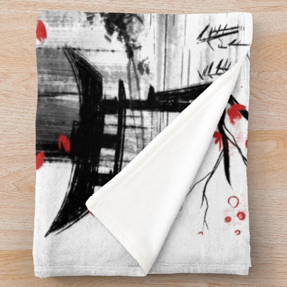 Plush blanket featuring a Japanese landscape with a red sun and sakura blossoms