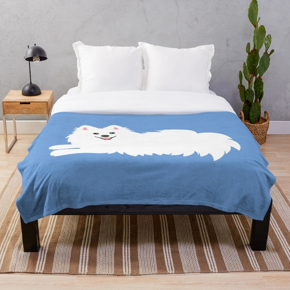 Soft and fluffy Japanese Spitz-inspired white dog plush blanket