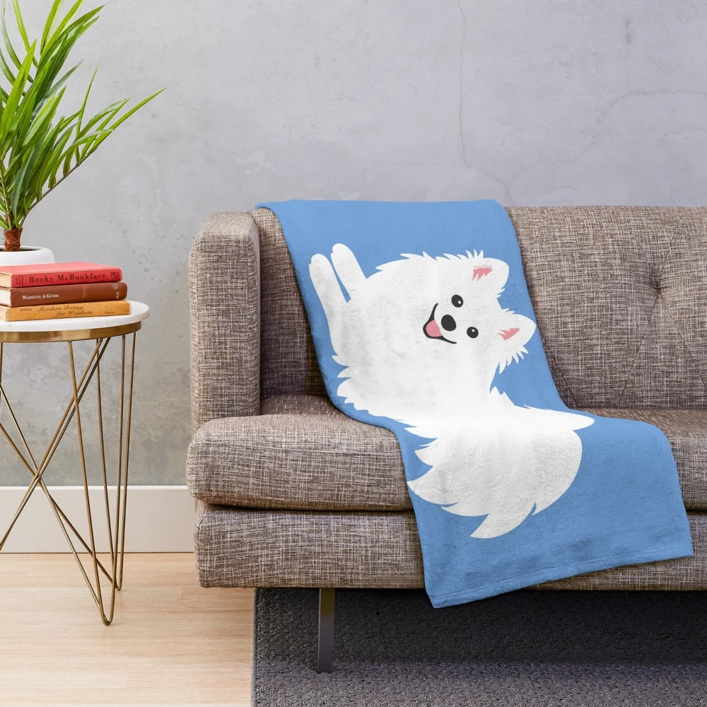 Soft and fluffy Japanese Spitz-inspired white dog plush blanket