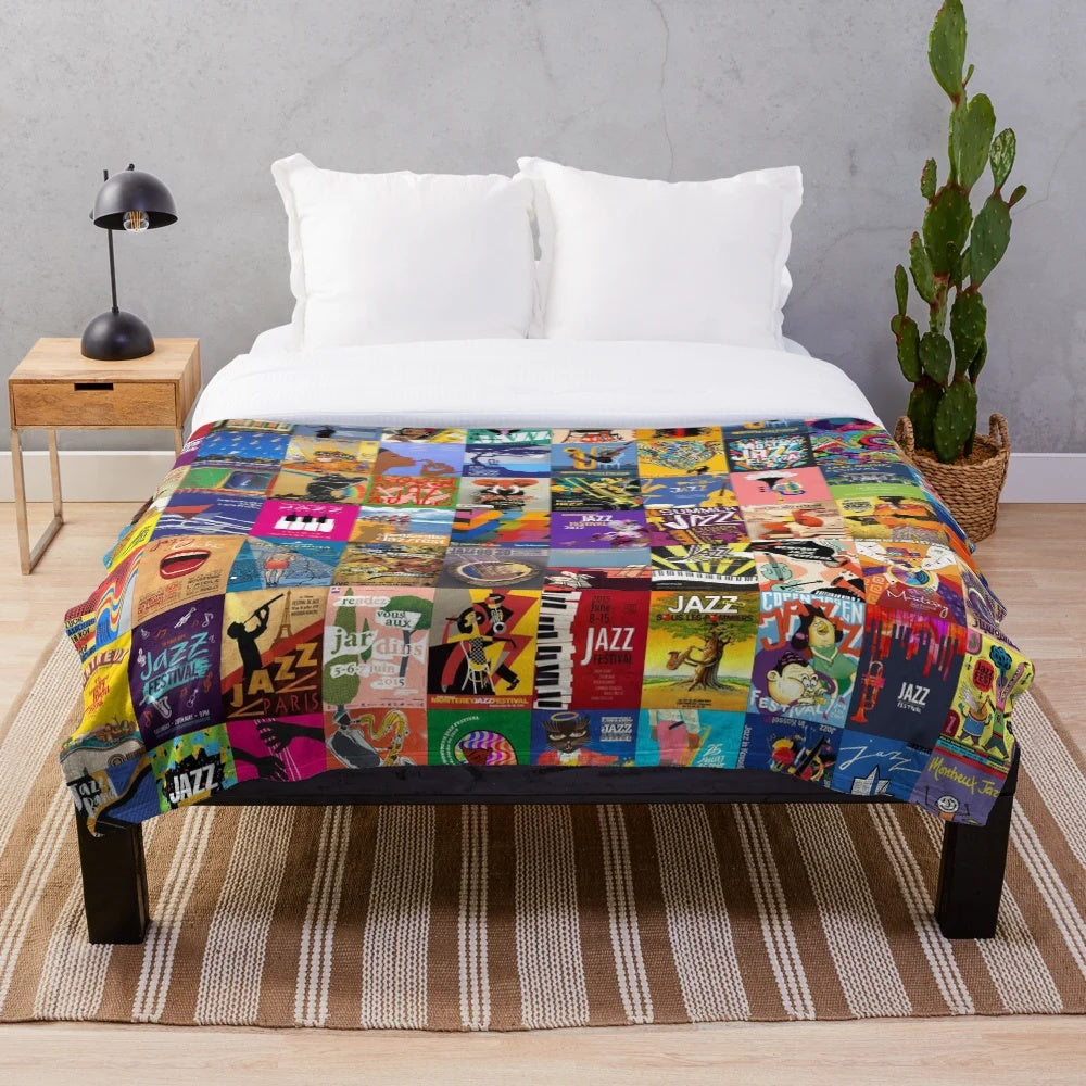 Jazz Festivals Plush Blanket with musical notes and instruments