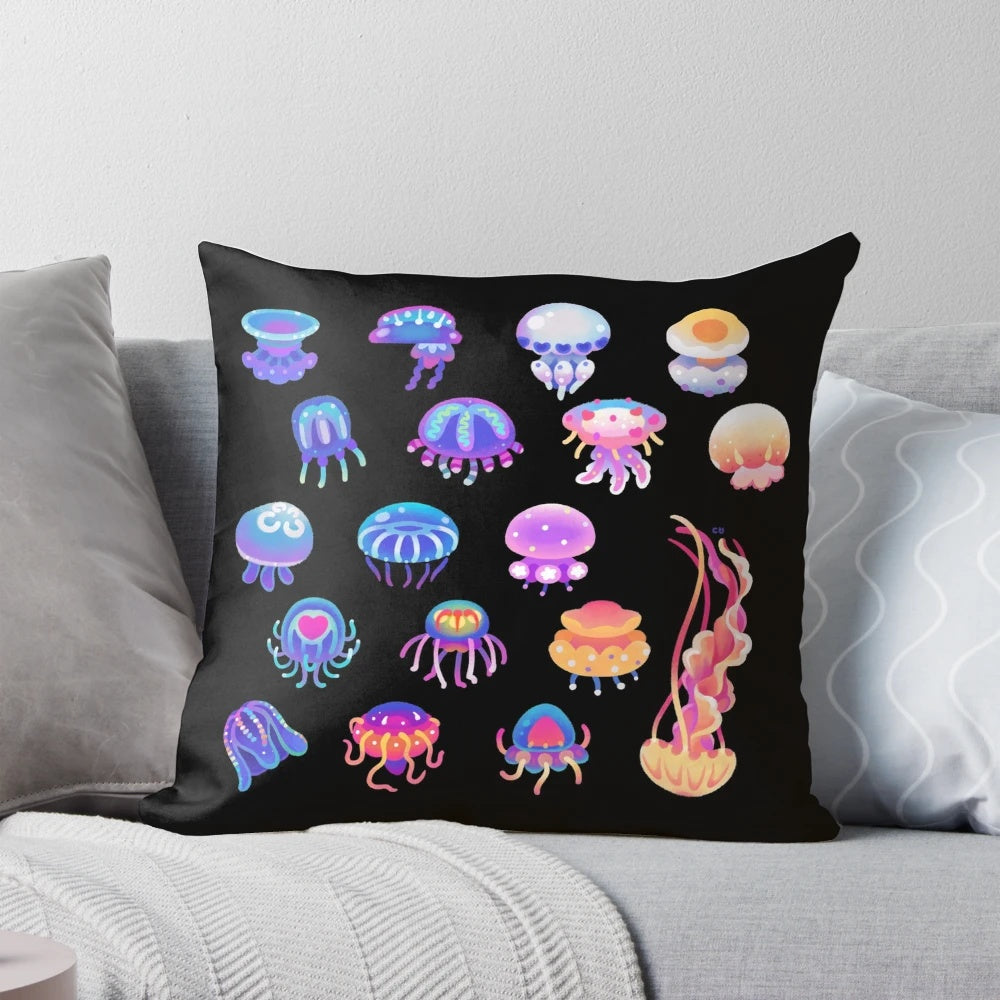 Soft, plush jellyfish pillow featuring a vibrant ocean-inspired design