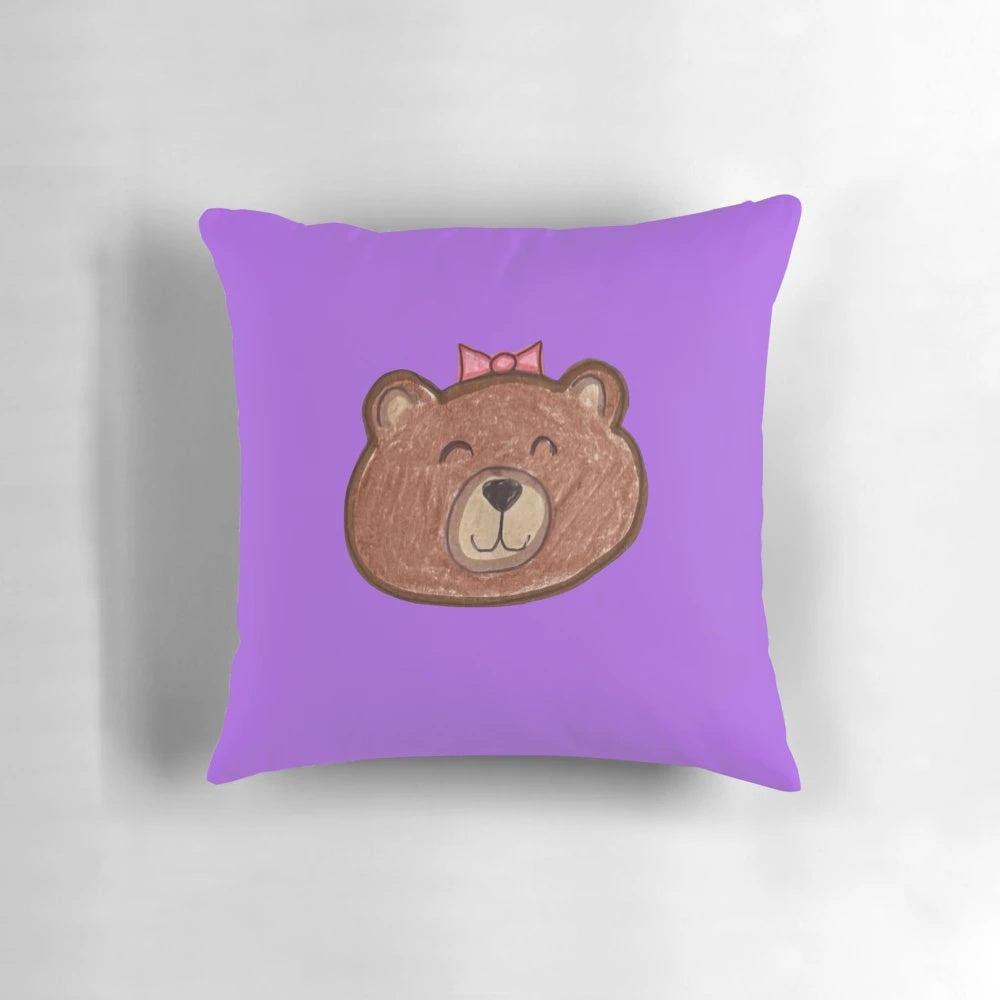 Soft, plush Jessica Pillow with a pink and brown bow bear design