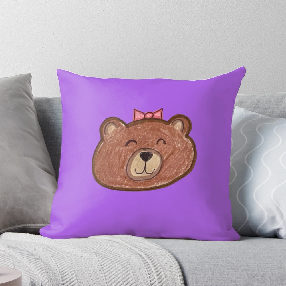 Soft, plush Jessica Pillow with a pink and brown bow bear design