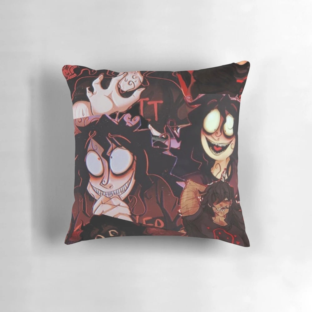 Soft, cuddly john doe pillow with black hair and red accents