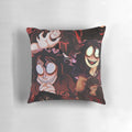 Soft, cuddly john doe pillow with black hair and red accents