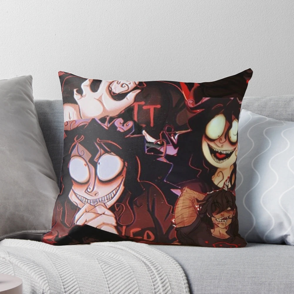 Soft, cuddly john doe pillow with black hair and red accents