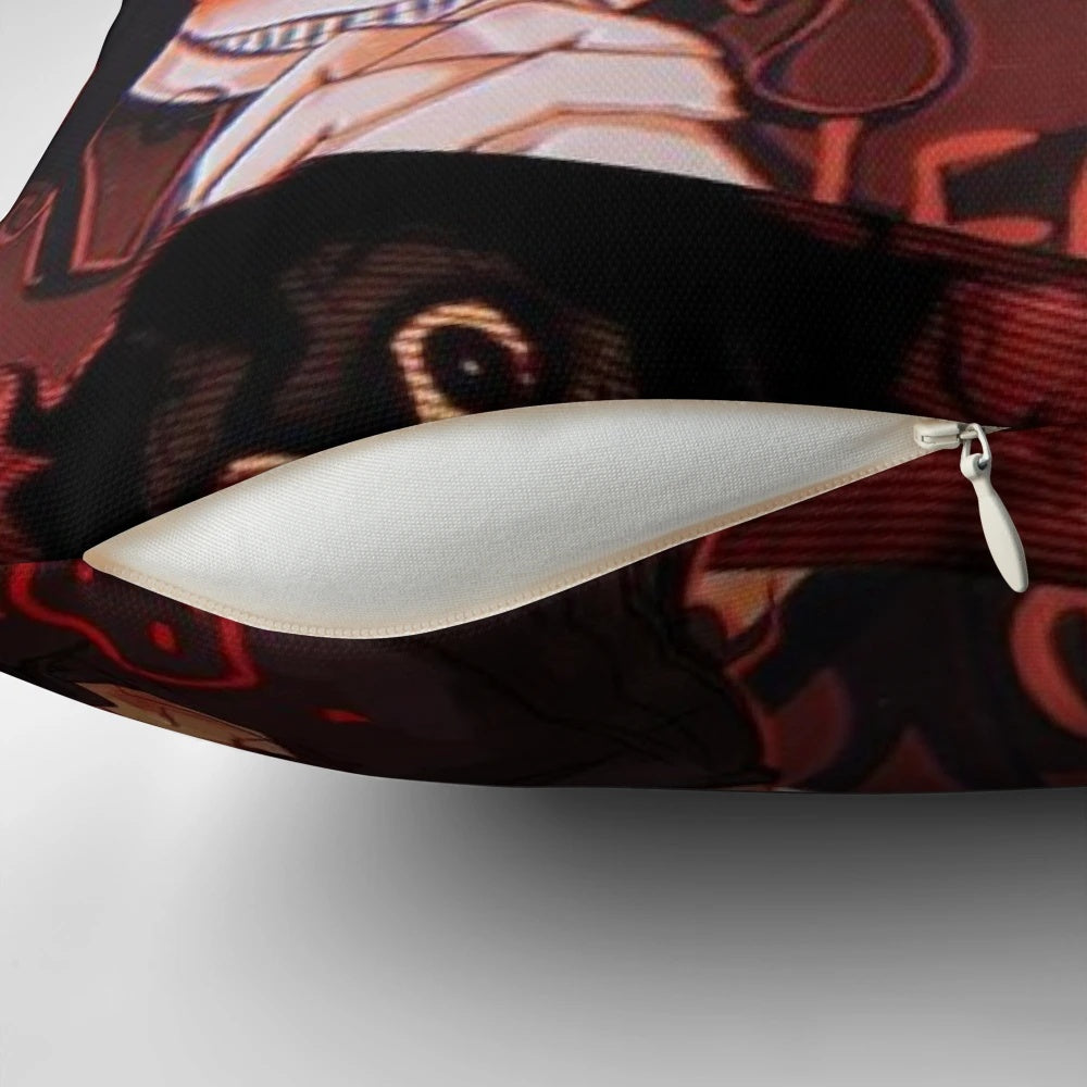 Soft, cuddly john doe pillow with black hair and red accents