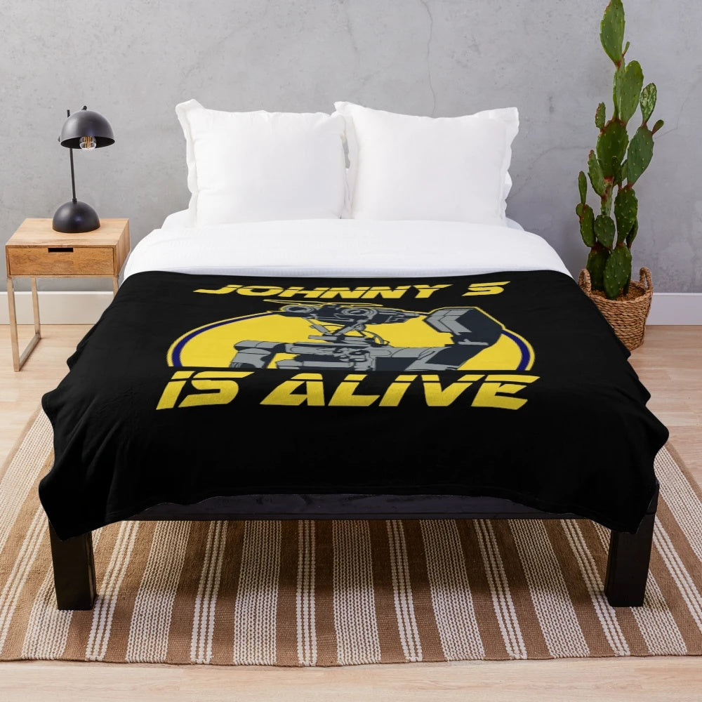 Johnny 5 inspired plush blanket with sci-fi movie design