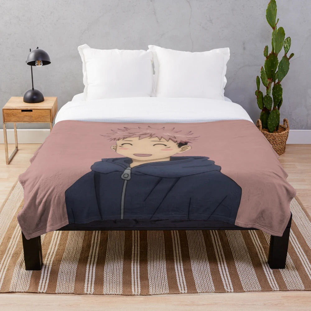 Soft and snuggly plush blanket featuring the character Yuji Itadori from the anime Jujutsu Kaisen