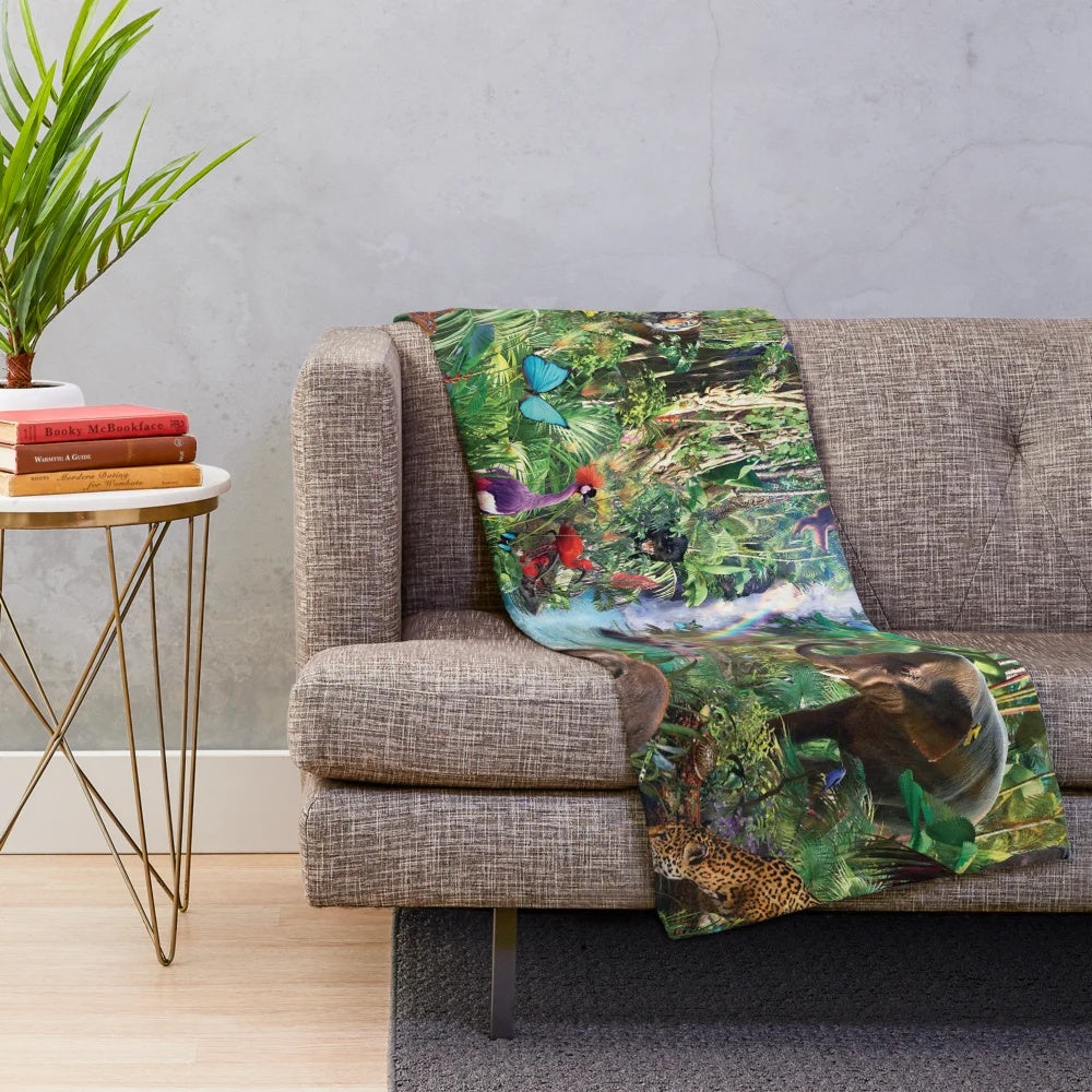 Jungle Book-inspired plush blanket featuring various jungle animals and plants