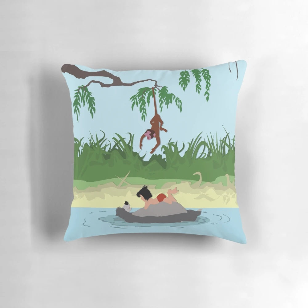 Colorful Jungle Book Pillow featuring Mowgli, Baloo the Bear, and Bagheera the Panther