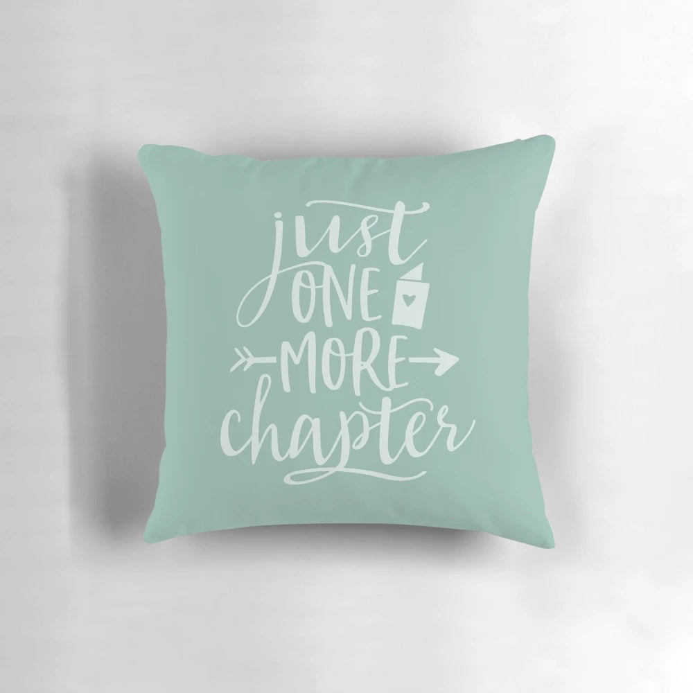 A plush and whimsical "Just One More Chapter" pillow for book enthusiasts and reading lovers.