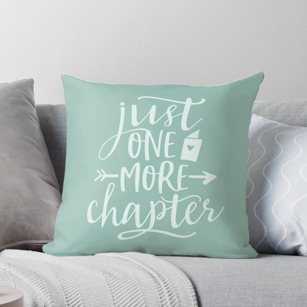 A plush and whimsical "Just One More Chapter" pillow for book enthusiasts and reading lovers.