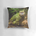 Soft, plush pillow featuring a detailed illustration of the endangered Kakapo parrot native to New Zealand.