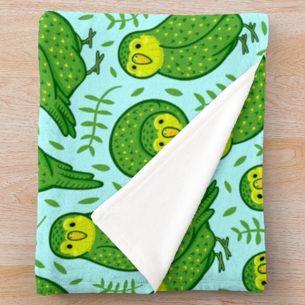 Kakapo Plush Blanket featuring a cartoon design of the endangered New Zealand bird