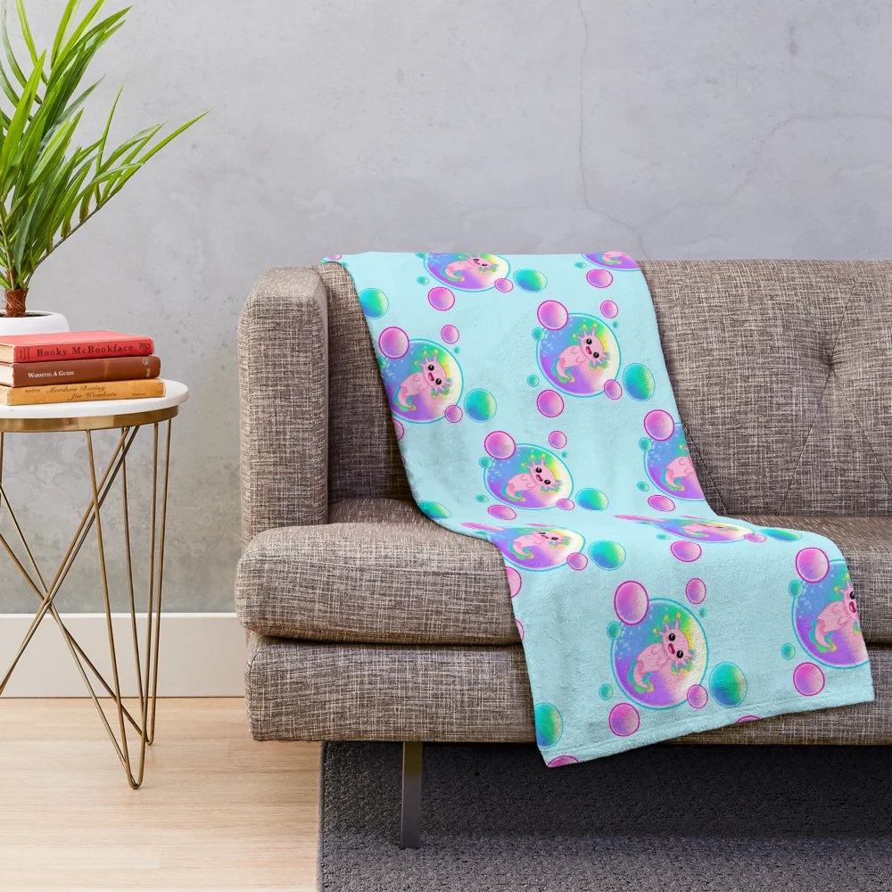 Kawaii axolotl plush blanket with colorful bubble design