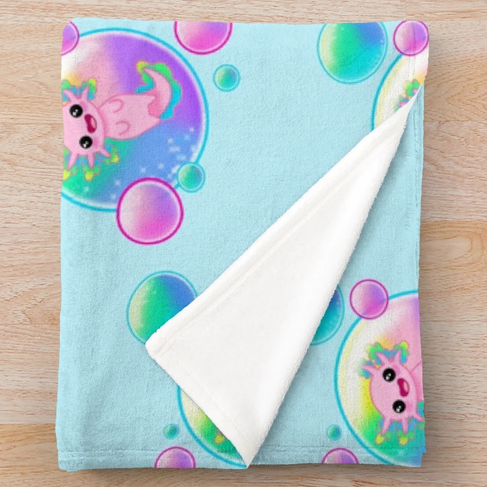Kawaii axolotl plush blanket with colorful bubble design
