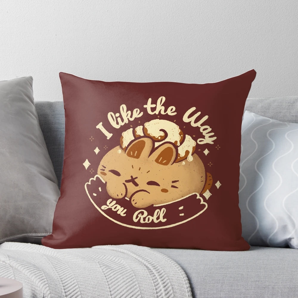 Soft, plush pillow in the shape of a cute cinnamon roll with bunny ears, perfect for a cozy, warm, and sweet bedroom accent.
