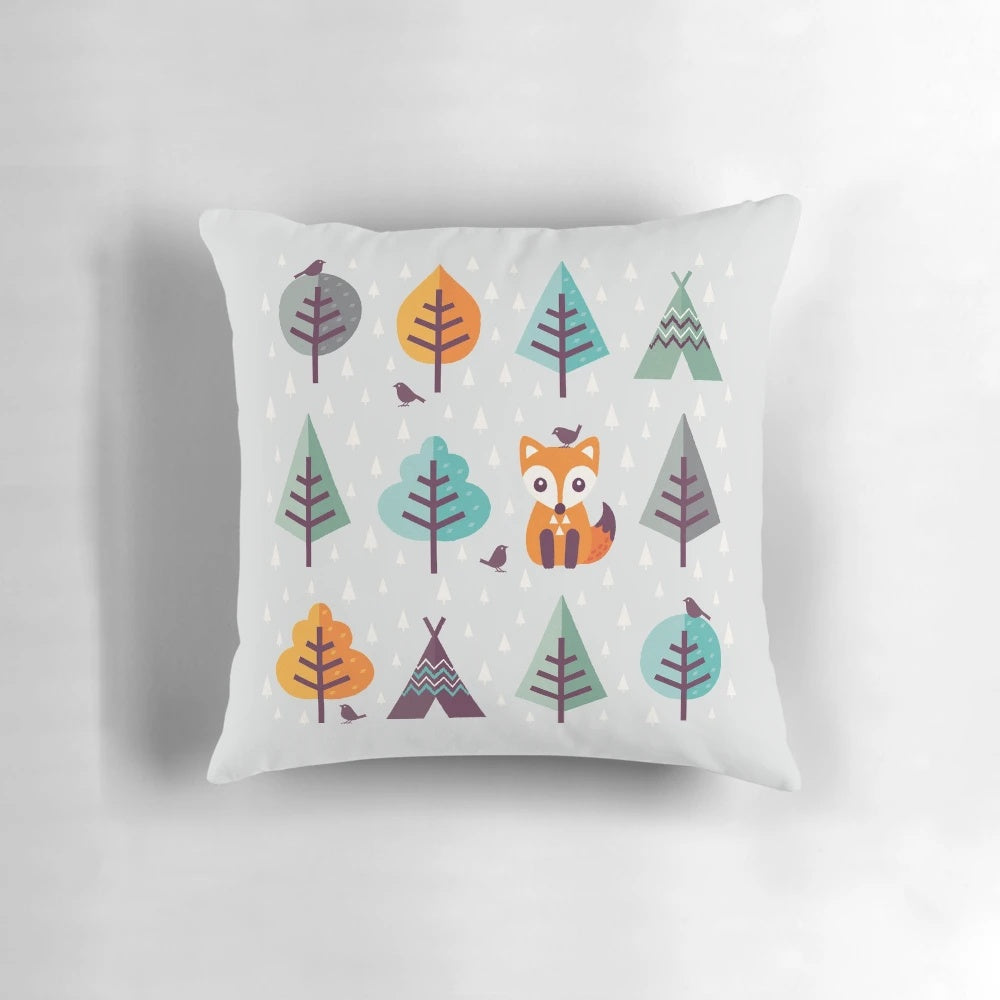 Soft gray pillowcase featuring a cute cartoon fox character in a forest scene with daisies and autumn leaves