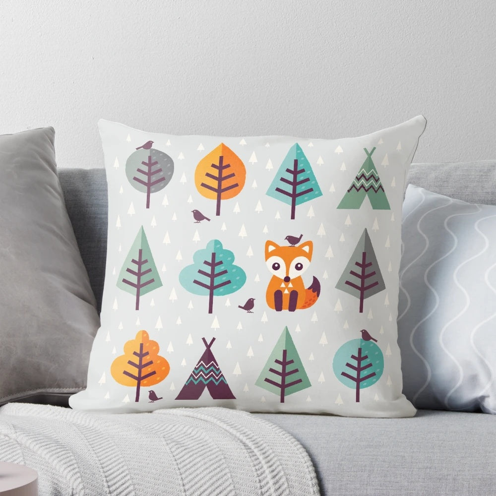 Soft gray pillowcase featuring a cute cartoon fox character in a forest scene with daisies and autumn leaves