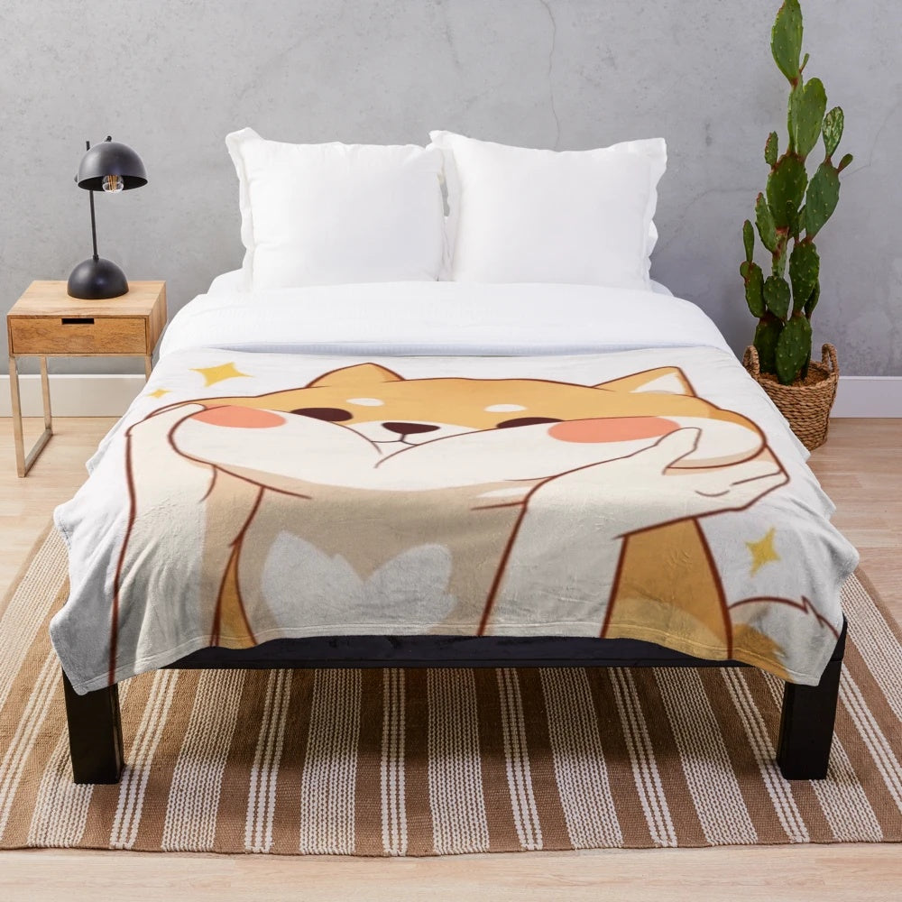 Plush blanket featuring a kawaii Shiba Inu dog illustration