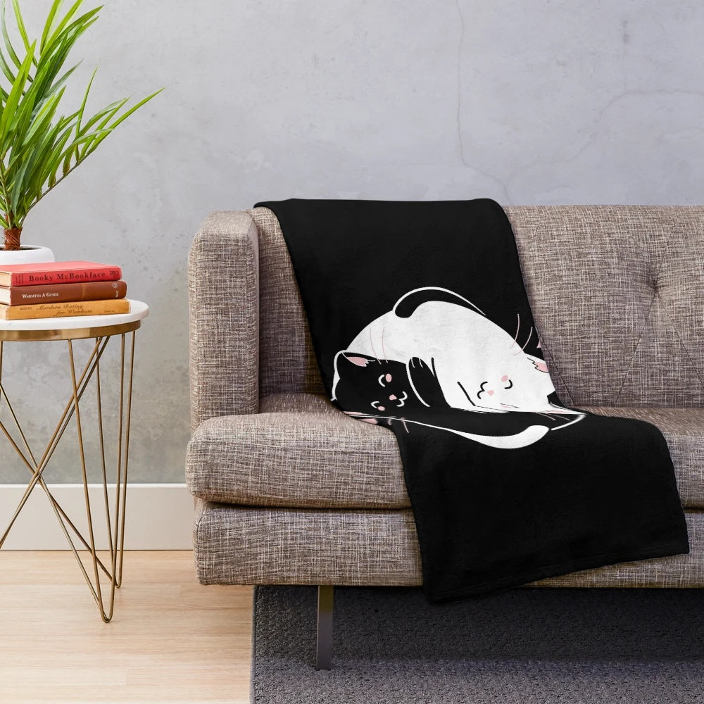Kawaii plush blanket featuring adorable yin yang cats
