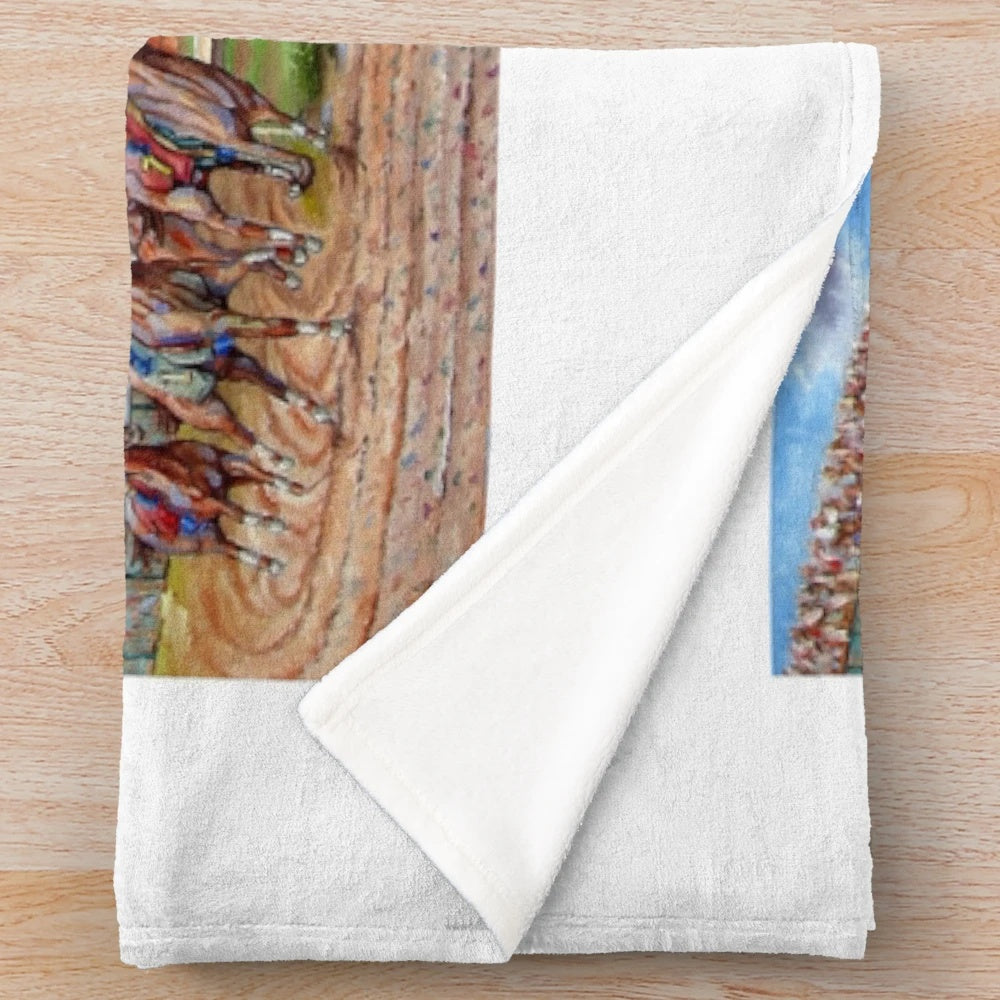 Kentucky Derby-themed plush blanket featuring horses and the Churchill Downs racetrack