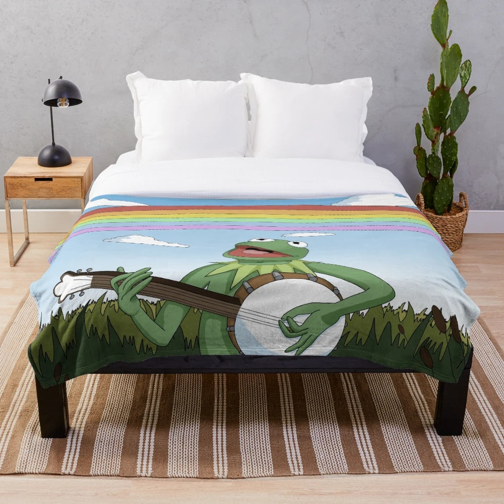 Kermit the Frog plush blanket with a rainbow pattern