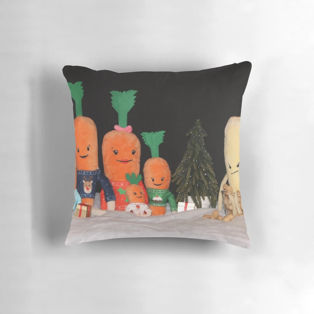 Soft, plush pillow featuring the lovable character Kevin the Carrot and his family, perfect for holiday home decor.