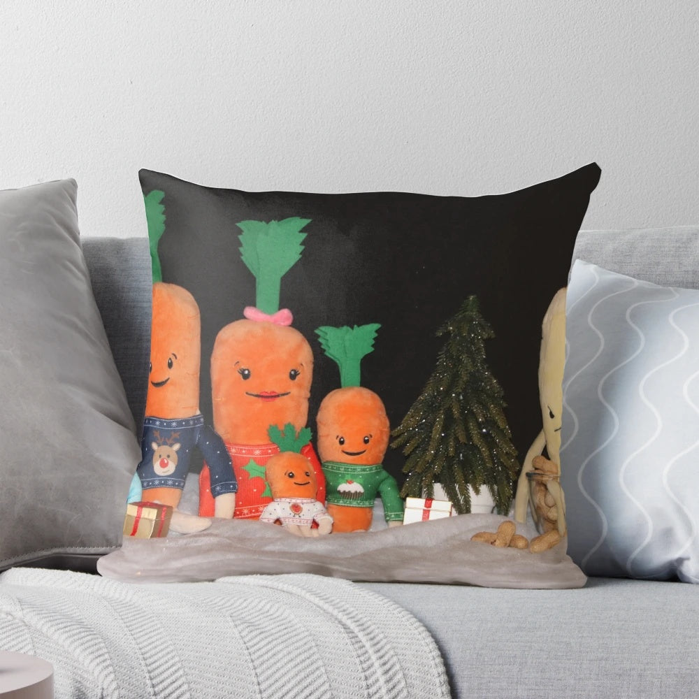 Soft, plush pillow featuring the lovable character Kevin the Carrot and his family, perfect for holiday home decor.